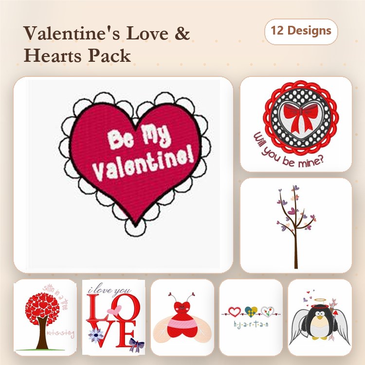 Valentine's Day Embroidery Designs Bundle – Be My Valentine Heart, Tree with Love, Penguin with Heart & More (12 Designs)