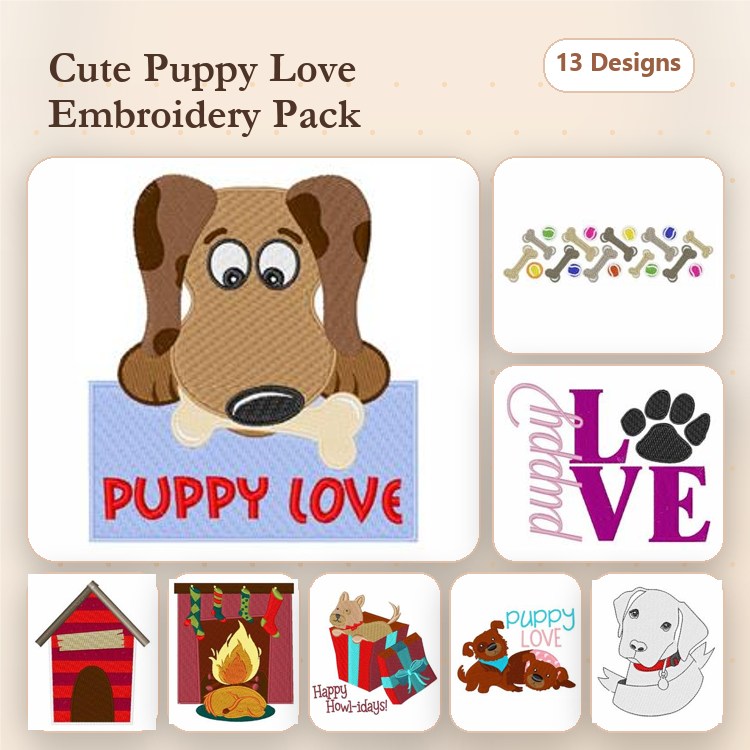 Puppy Love & Holiday Embroidery Bundle – Heart & Gifts (13 Designs)