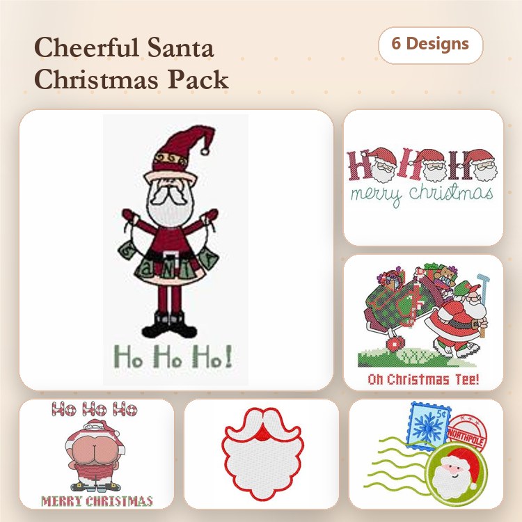 Santa & Christmas Text Embroidery Designs Bundle – Santa with Bells, Santa with Gifts, Ho Ho Ho & More (6 Designs)