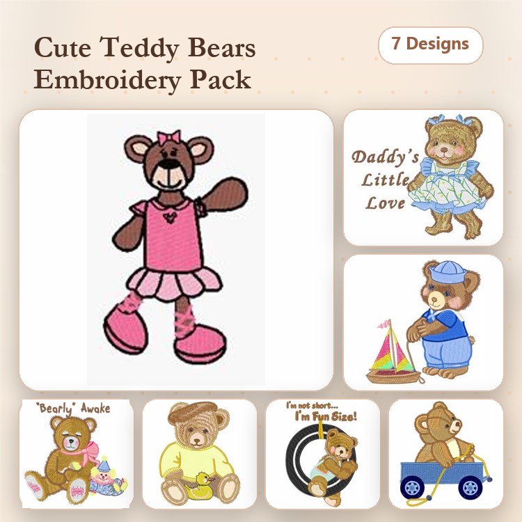 Cute Teddy Bears Embroidery Designs Bundle – Dancer Teddy, Teddy with Boat, Teddy with Block & More (7 Designs)