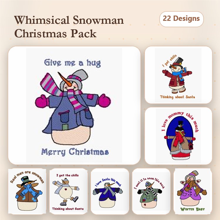 Snowman Embroidery Designs Bundle – Give me a hug, Frosty the Snowman, Joyful Snowman with Gift & More (22 Designs)