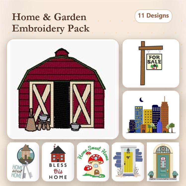 Home and Garden Embroidery Designs Bundle – Barn, City Skyline, For Sale Sign & More (11 Designs)