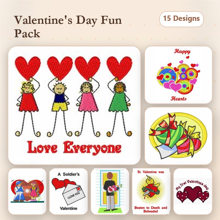 Valentine's Day Embroidery Bundle – Love Everyone, Happy Hearts, Cupid with Arrow & More (15 Designs)