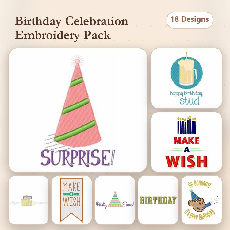 Birthday Celebration Embroidery Designs Bundle – Birthday Hat, Beer Mug, Make A Wish & More (18 Designs)