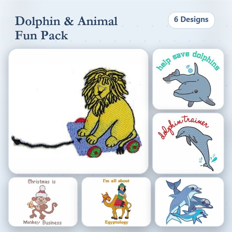 Dolphin & Animal Embroidery Bundle – Lion on Wagon, Dolphin Trainer, Monkey Business & More (6 Designs)