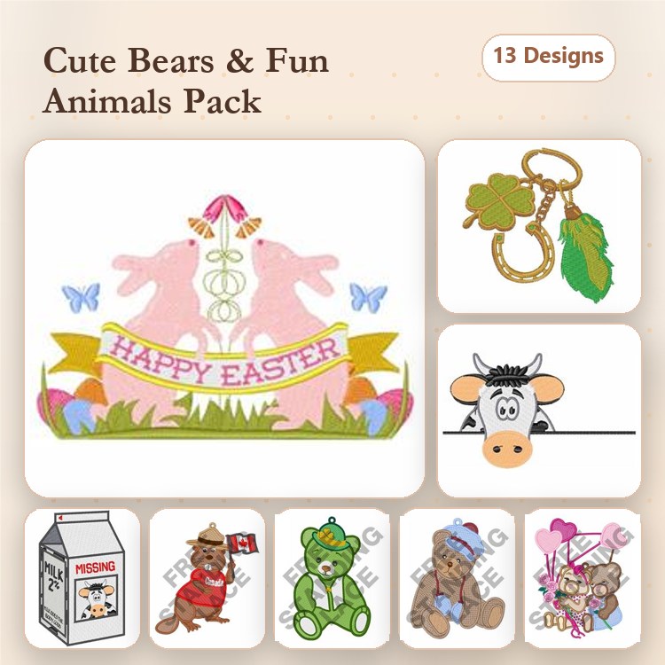Bears and Fun Animals Embroidery Designs Bundle – Easter Bear, Cow with Flowers, Teddy Bear with Gifts & More (13 Designs)