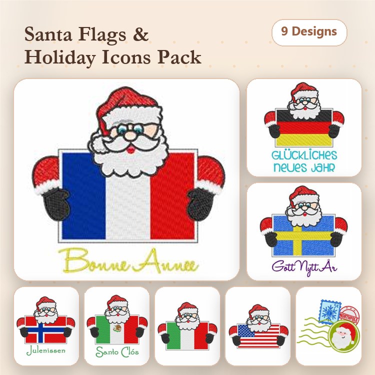 Santa Claus Holiday Icons Embroidery Designs Bundle – Santa with Flags, Christmas Tree, Gift & More (9 Designs)