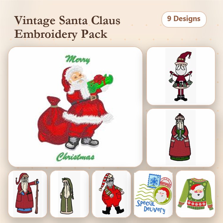 Santa Claus Embroidery Designs Bundle – Santa with Gift Bag, Santa in Green Suit, Santa with Christmas List & More (9 Designs)