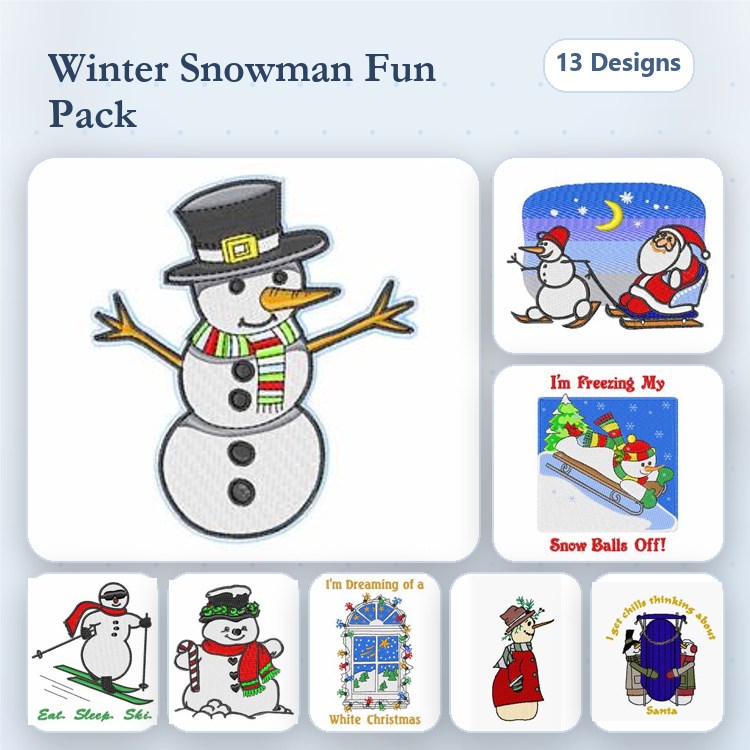 Winter Snowman Embroidery Designs Bundle – Snowman with Hat and Scarf, Santa with Snowman, I'm Freezing My Balls Off! & More (13 Designs)