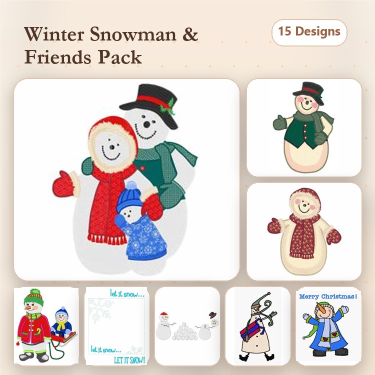 Winter-themed Snowman Embroidery Designs Bundle – Snowman with Scarf, Santa Snowman, Snowman Family Portrait & More (15 Designs)