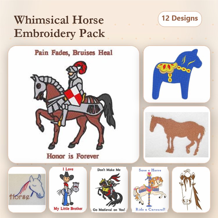 Horse-Themed Embroidery Designs Bundle – Knight on Horseback, Blue Horse, Horse Silhouette & More (12 Designs)