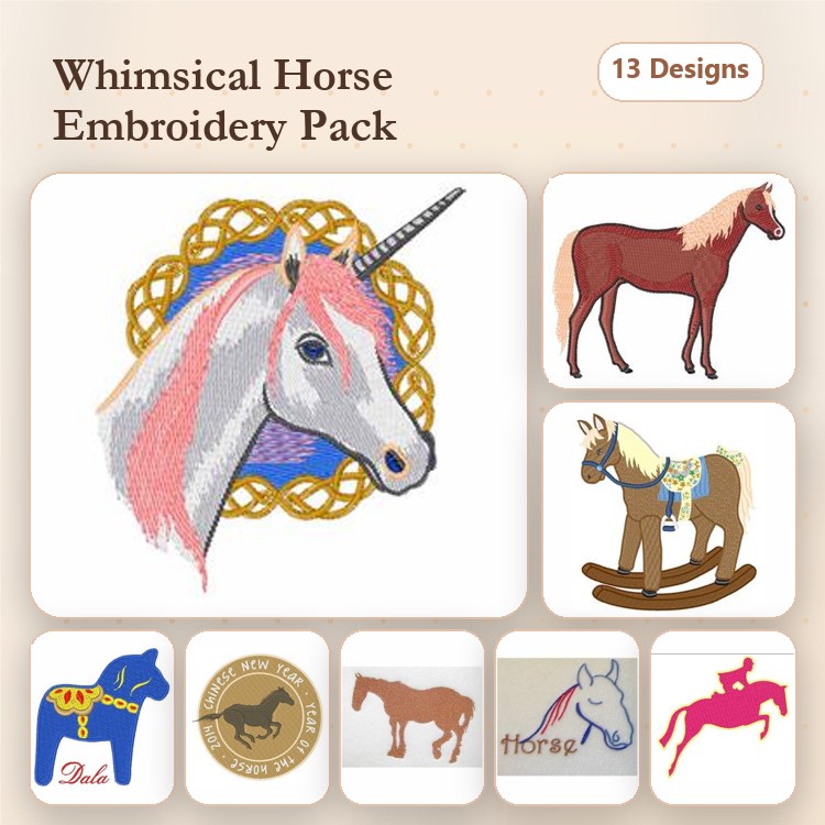 Horse-Themed Embroidery Designs Bundle – Unicorn, Brown Horse, Rocking Horse & More (13 Designs)