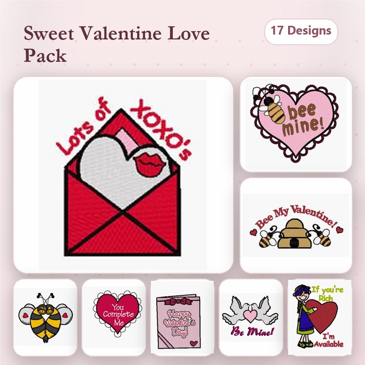 Valentine's Day Embroidery Designs Bundle – Valentine's Love Letter, Bee Mine, XOXO Heart & More (17 Designs)