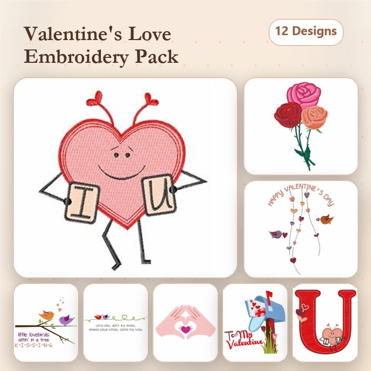 Valentine's Day Love Embroidery Designs Bundle – Love Heart Character, Rose Bouquet, I Love You Heart & More (12 Designs)