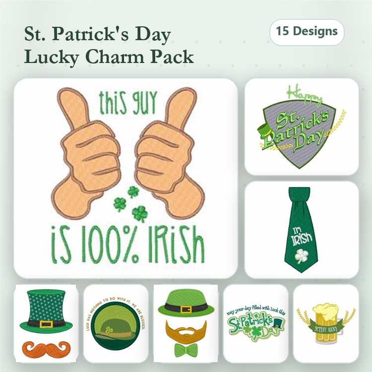 St. Patrick's Day Embroidery Bundle – Thumbs Up with Shamrock, Leprechaun Hat, Irish Coffee Mug & More (15 Designs)