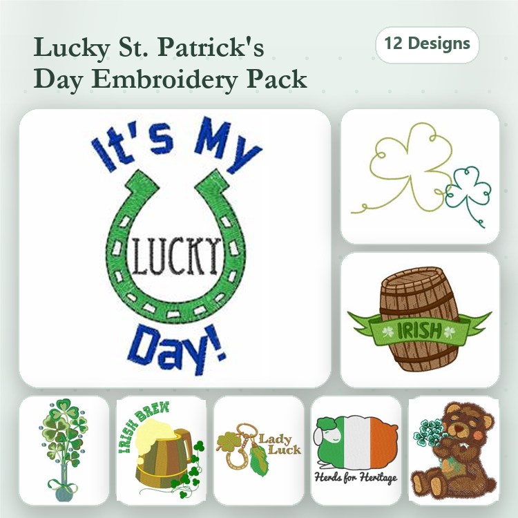 St. Patrick's Day Embroidery Designs Bundle – Horseshoe with Lucky Day, Shamrock, Irish Barrel & More (12 Designs)