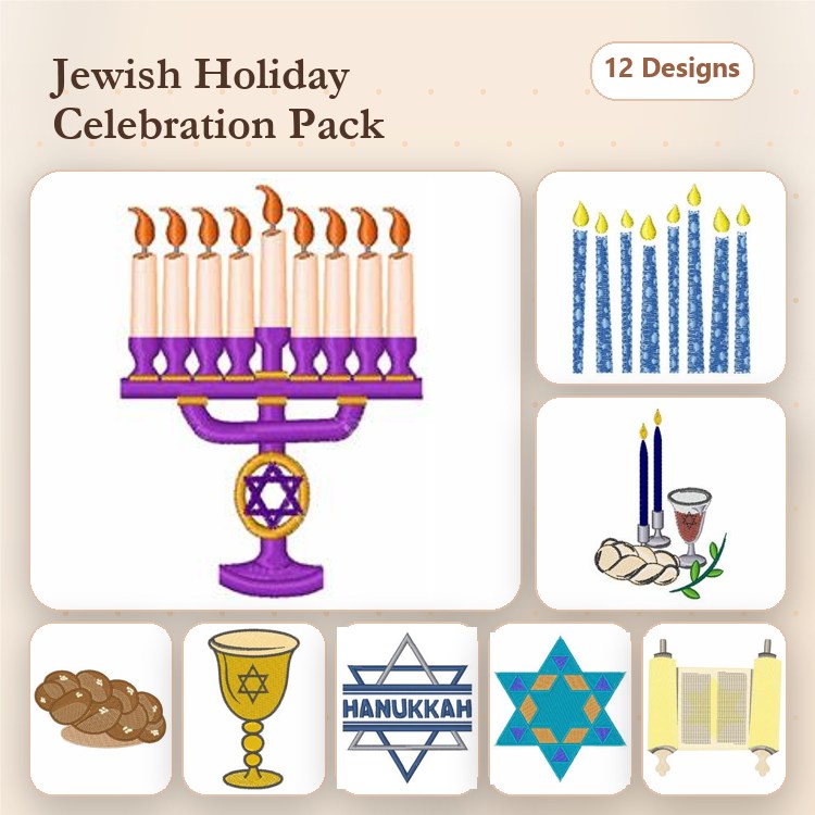 Jewish Holiday Celebration Embroidery Designs Bundle – Menorah, Hanukkah Candles, Star of David & More (12 Designs)