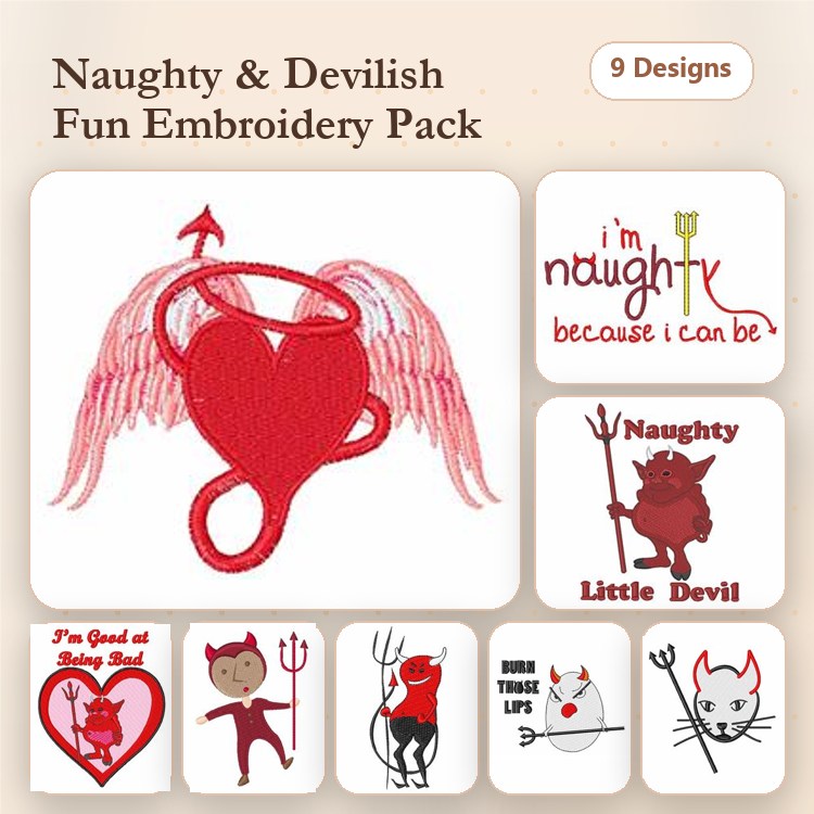 Naughty & Devilish Embroidery Designs Bundle – Naughty Little Devil, Cute Devil with Pitchfork, Sassy Cat & More (9 Designs)