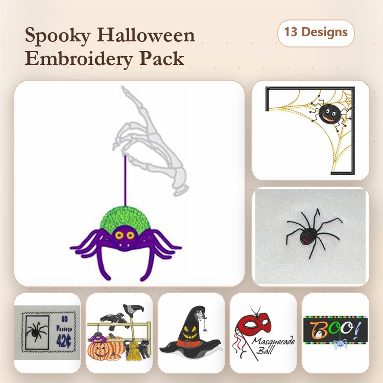 Halloween-Themed Embroidery Designs Bundle – Spider, Witch Hat, Pumpkin & More (13 Designs)