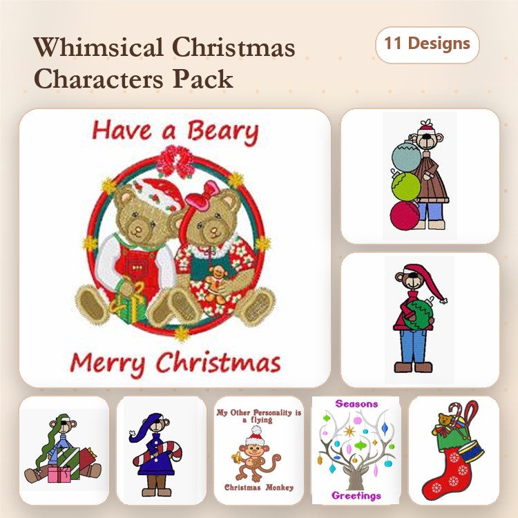 Christmas Characters Embroidery Designs Bundle – Beary Christmas Bears, Santa with Gifts, Snowman with Gifts & More (11 Designs)