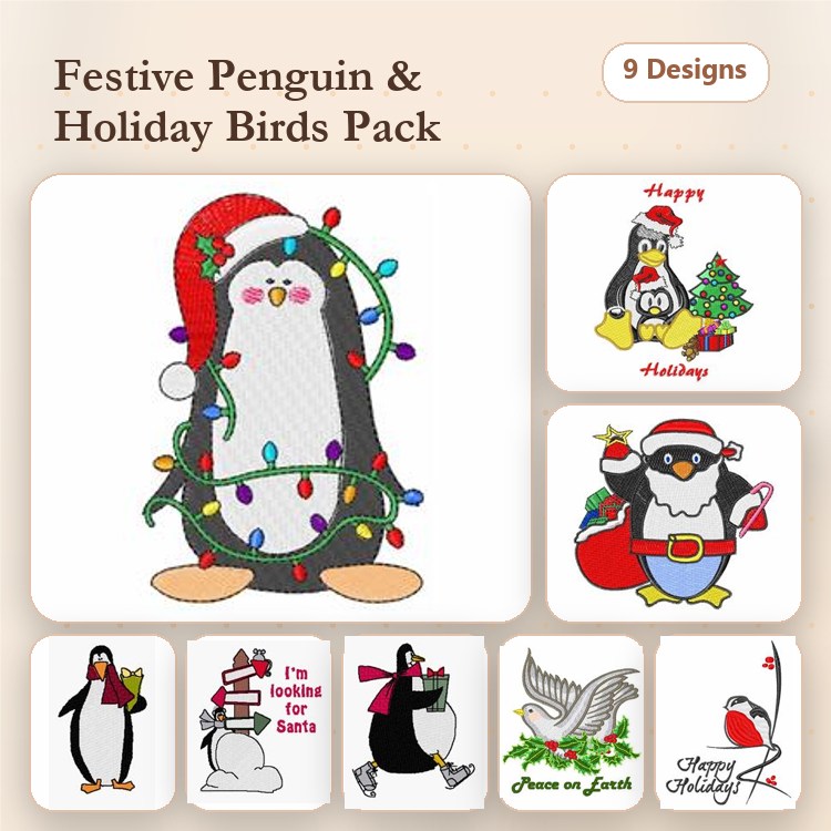 Festive Penguins & Holiday Birds Embroidery Designs Bundle – Festive Penguin with Lights, Penguin on Santa's Lap, Cardinal Bird & More (9 Designs)