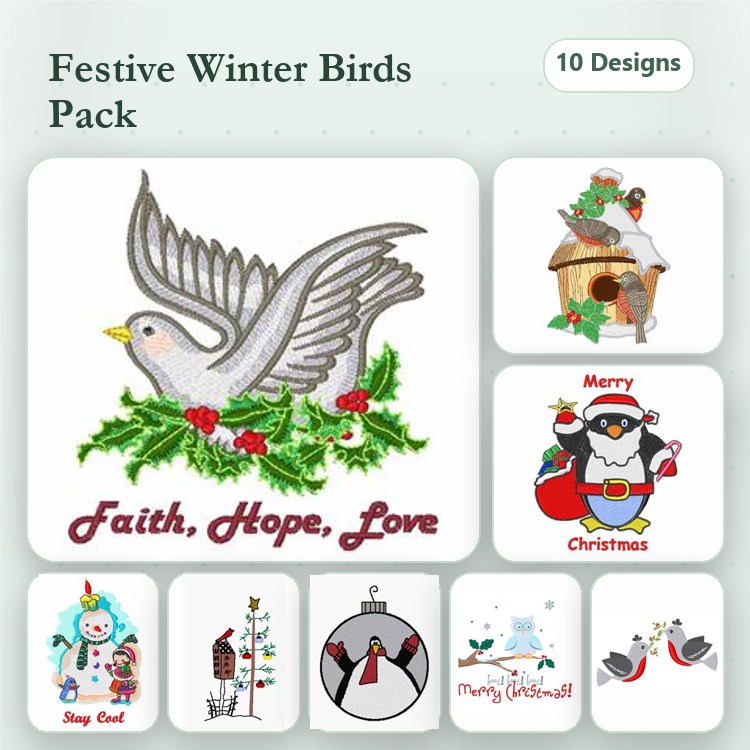 Winter Birds & Holiday Characters Embroidery Designs Bundle – Flying Dove, Christmas Robin, Santa Claus & More (10 Designs)