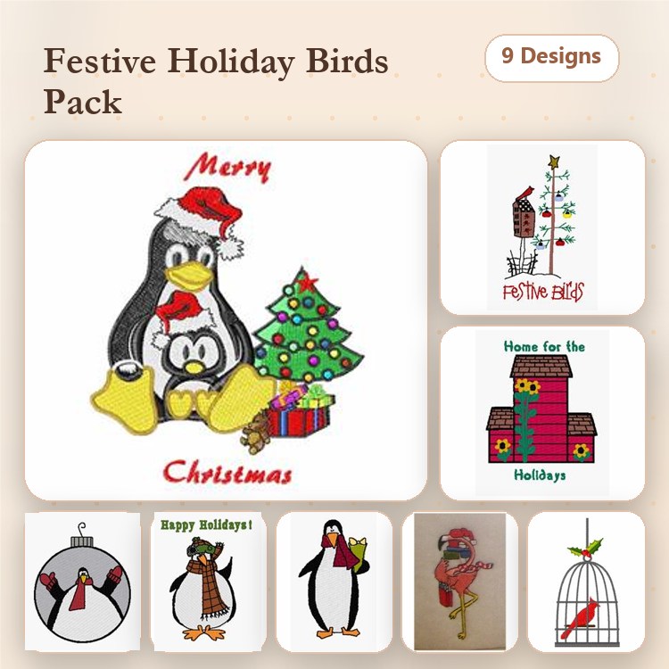 Festive Holiday Birds Embroidery Designs Bundle – Penguin with Christmas Tree, Birdhouse for the Holidays & More (9 Designs)