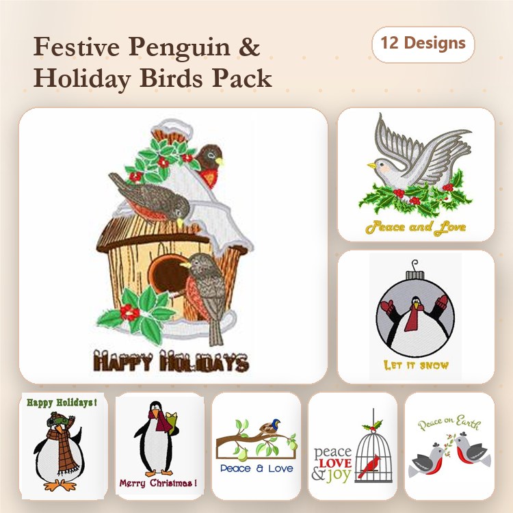 Festive Penguins & Holiday Birds Embroidery Designs Bundle – Happy Holidays Birdhouse, Merry Christmas Penguin, & More (12 Designs)