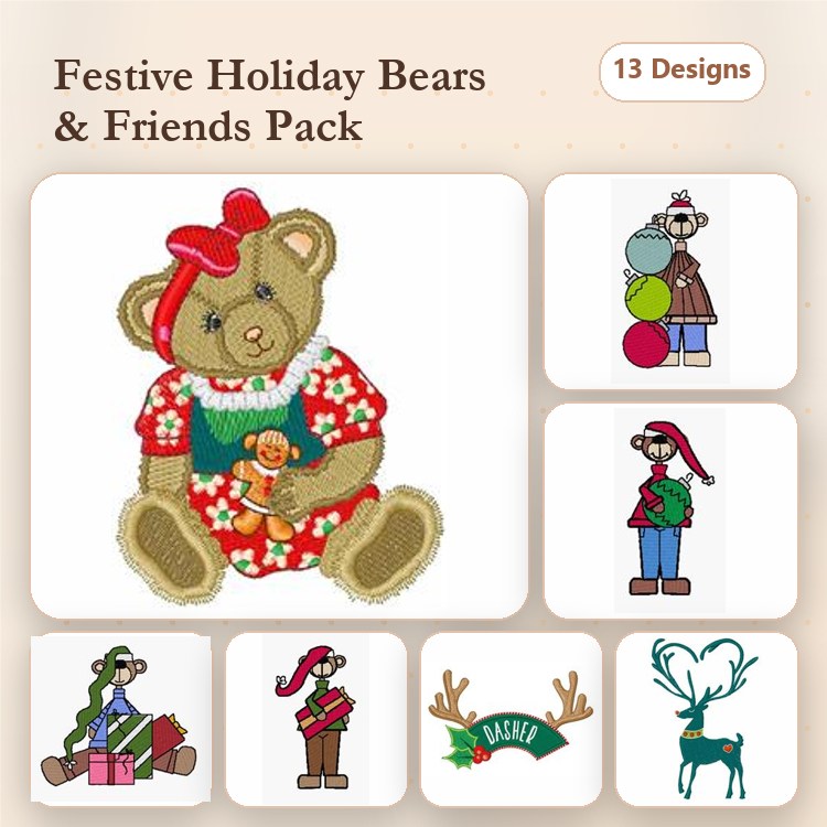 Holiday Bears & Friends Embroidery Bundle – Santa Bear, Elf with Gift, Bear with Ornaments & More (13 Designs)