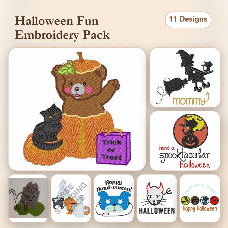 Halloween Embroidery Designs Bundle – Bear with Pumpkin, Black Cat, Trick or Treat Bag & More (11 Designs)