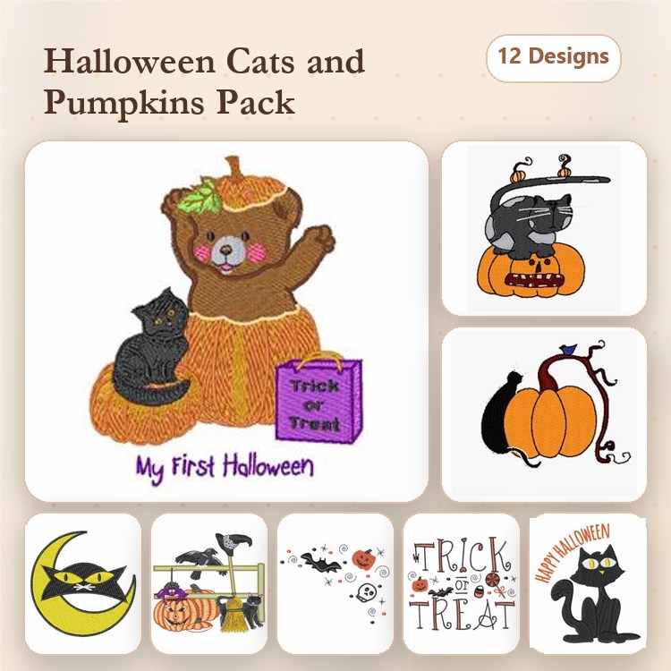 Halloween Cats & Pumpkins Embroidery Designs Bundle – Bear with Pumpkin, Black Cat, Smiling Pumpkins & More (12 Designs)