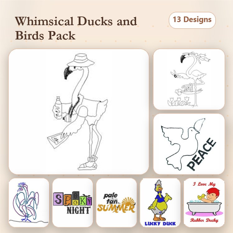 Redwork Whimsical Birds Embroidery Designs Bundle – Flamingo with Drink, Lucky Duck, I Love My Rubber Ducky & More (13 Designs)