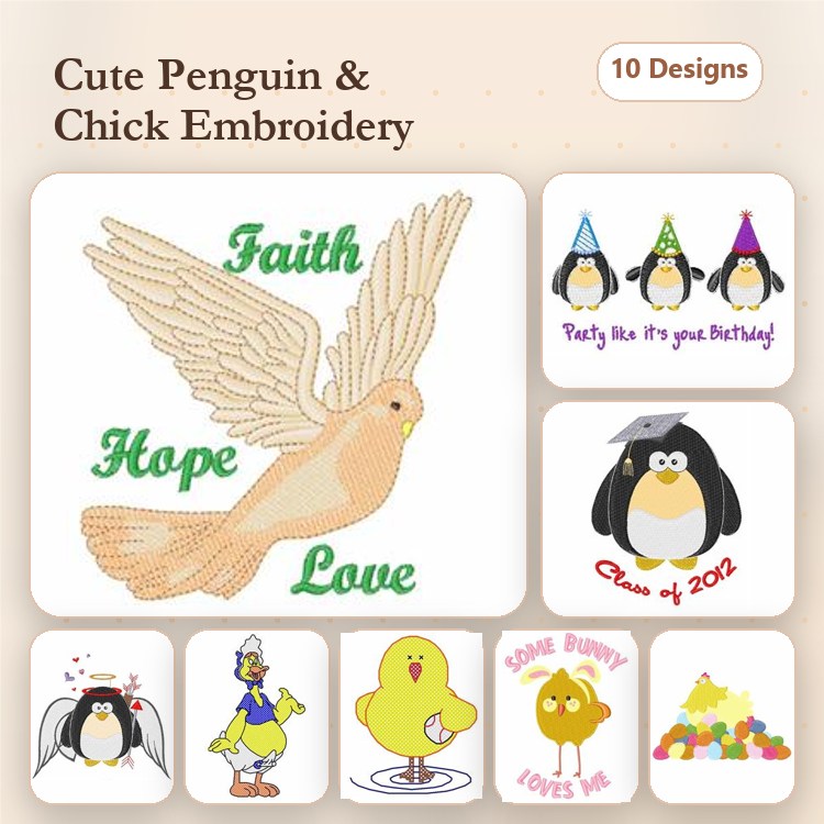 Cute Penguin & Chick Celebration Embroidery Designs Bundle – Birthday Penguin, Graduation Penguin, Faith Dove & More (10 Designs)