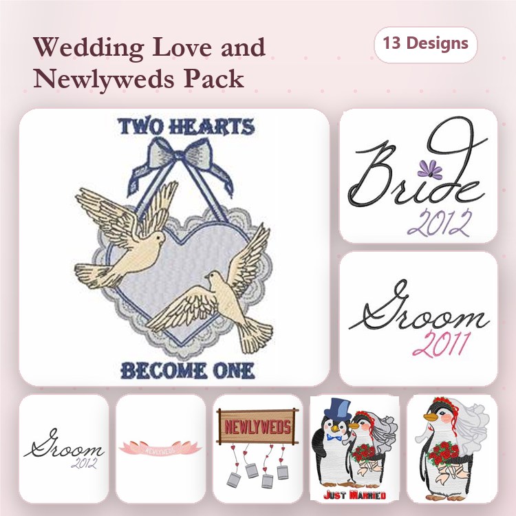 Wedding and Newlywed Embroidery Designs Bundle – Two Hearts Become One, Just Married, Mr. and Mrs. & More (13 Designs)