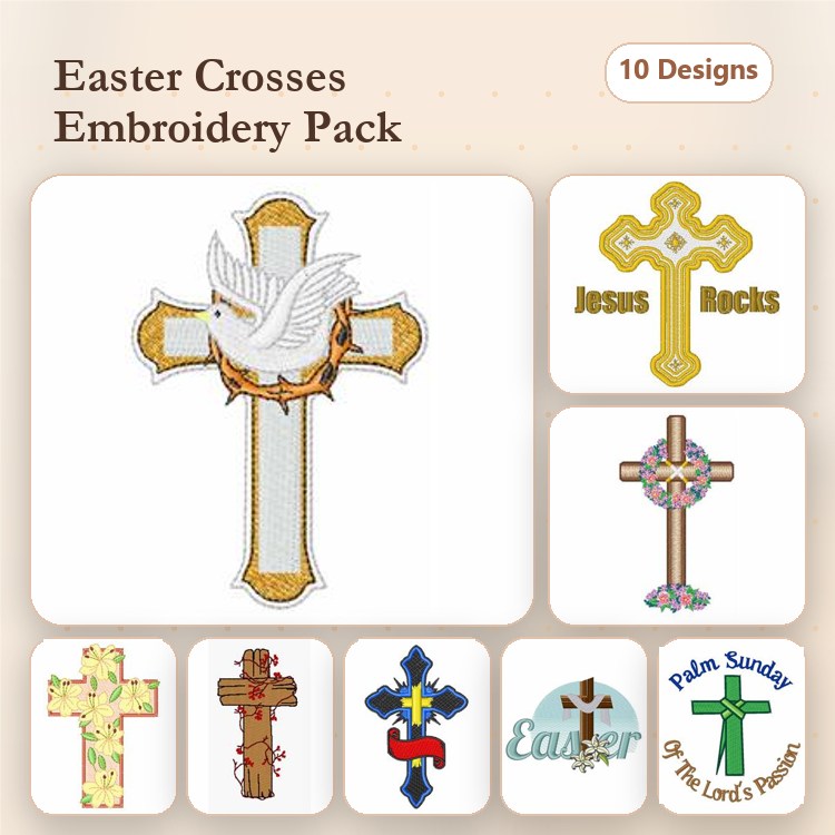 Easter Cross Embroidery Designs Bundle – Dove Cross, Floral Cross, Palm Sunday Cross & More (10 Designs)