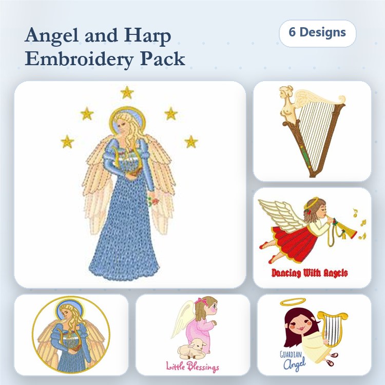 Angels & Harps Embroidery Designs Bundle – Angel with Harp, Dancing With Angels, Little Blessings & More (6 Designs)