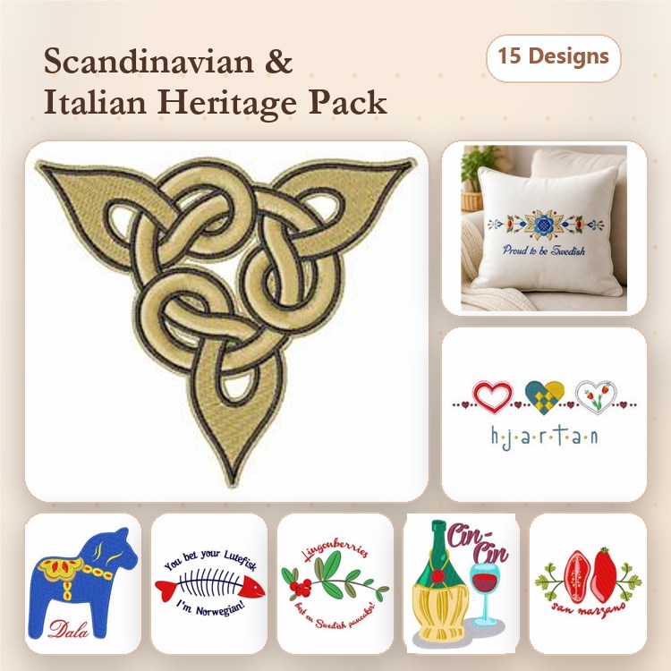 Scandinavian & Italian Heritage Embroidery Designs Bundle – Celtic Knot, Swedish Dala Horse, Italian Toasting Glasses & More (15 Designs)