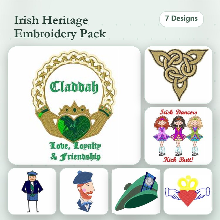 Irish Heritage Embroidery Bundle – Claddagh Ring, Celtic Knot, Irish Dancer Group & More (7 Designs)