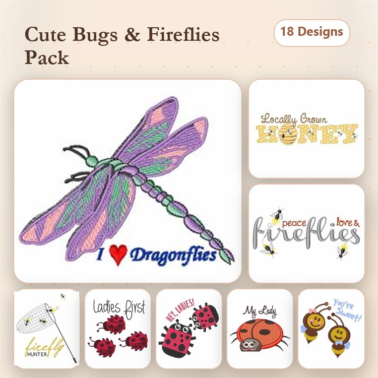 Bugs & Insects Embroidery Designs Bundle – Dragonfly with Love, Buzzing Bee, Cute Ladybug & More (18 Designs)