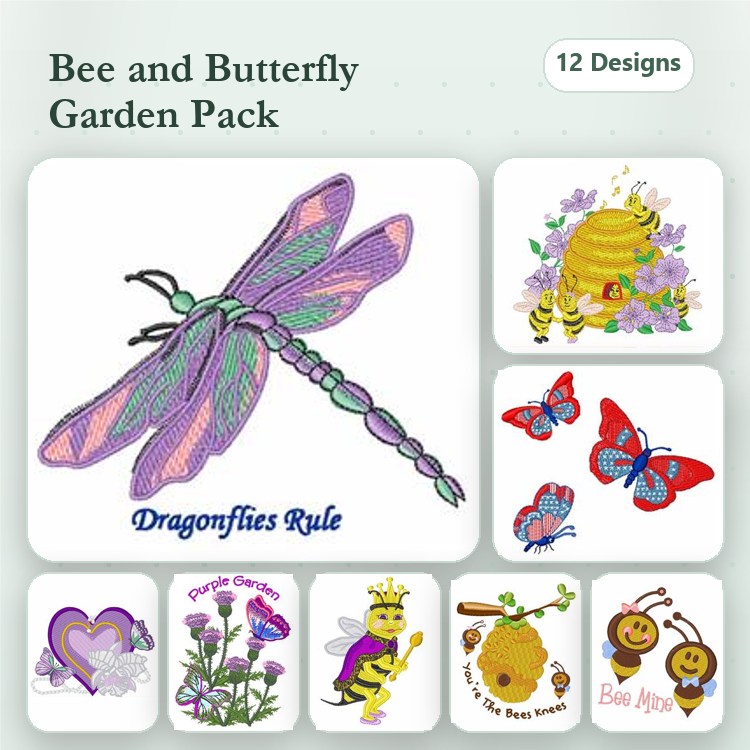 Garden Insects & Flowers Embroidery Designs Bundle – Dragonfly, Honey Bee, Butterfly & More (12 Designs)