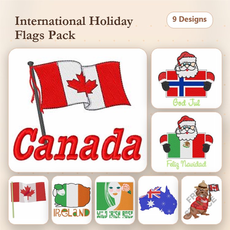 Holiday Flags Embroidery Designs Bundle – Canadian Flag, Irish Flag, Norwegian Flag & More (9 Designs)