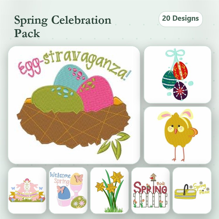 Spring Celebration Embroidery Designs Bundle – Eggstravaganza, Colorful Easter Eggs, Chick with Ears & More (20 Designs)