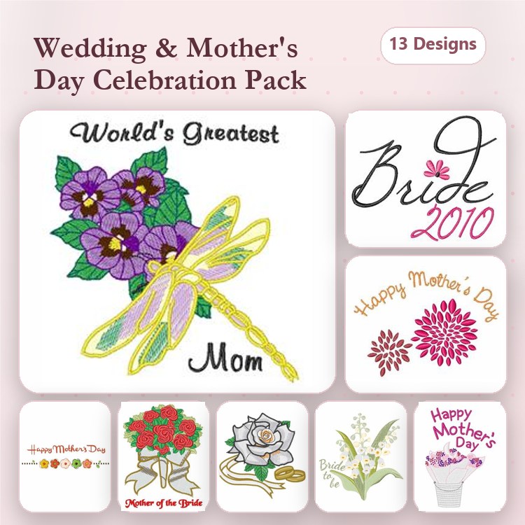 Floral & Celebration Embroidery Designs Bundle – World's Greatest Mom, Bride 2010, Happy Mother's Day & More (13 Designs)