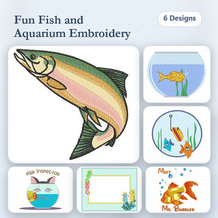 Fun Fish and Aquarium Embroidery Bundle – Rainbow Trout, Goldfish Bowl, Fish Inspector & More (6 Designs)