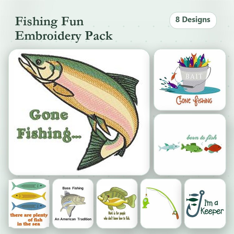 Fishing Themed Embroidery Bundle – Rainbow Trout, Fishing Basket, Gone Fishing Phrase & More (8 Designs)
