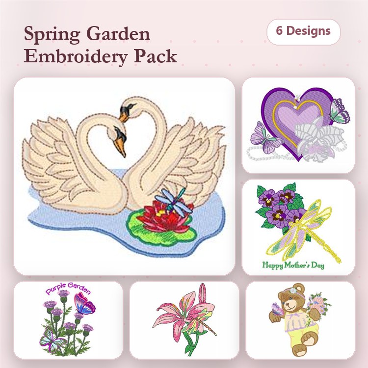 Floral Spring Garden Embroidery Designs Bundle – Swans on Lake, Lilies and Lotus, Happy Mother's Day Heart & More (6 Designs)