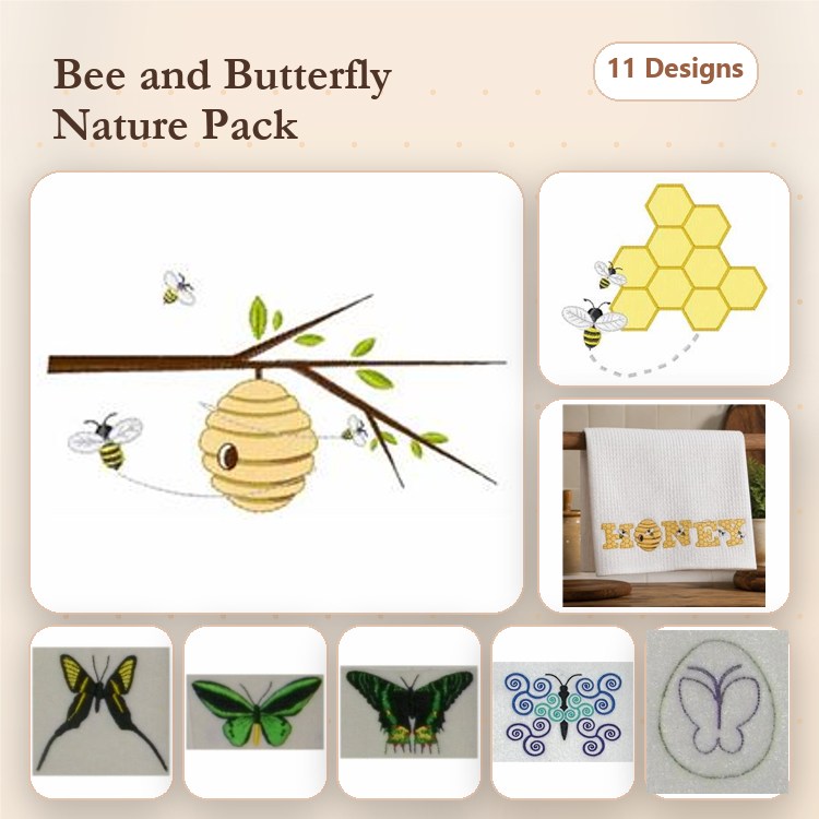 Bee & Butterfly Embroidery Designs Bundle – Bee on Branch, Bee Hive, Honeycomb, Yellow Butterfly & More (11 Designs)