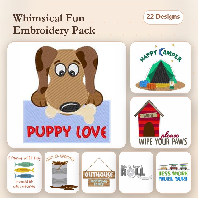 Dogs Embroidery Designs Bundle – Puppy Love, Happy Camper, Wipe Your Paws & More (22 Designs)