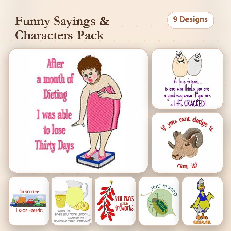 Funny Sayings & Characters Embroidery Designs Bundle – Woman on Scale, Chicken, Goat & More (9 Designs)