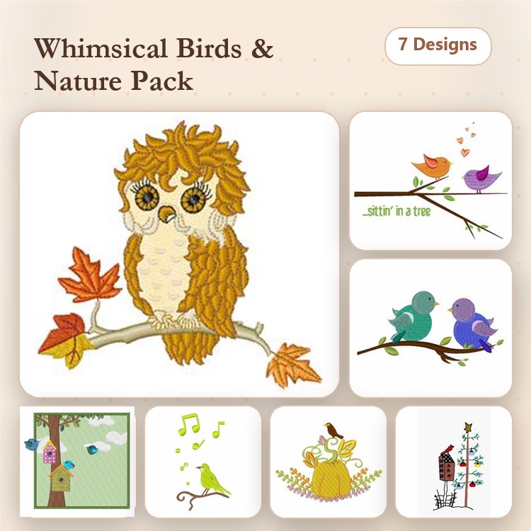Birds & Owl Embroidery Designs Bundle – Owl with Leaves, Singing Bird, Birds with Flowers & More (7 Designs)